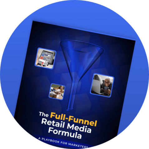 A blue marketing guide cover titled The Full-Funnel Retail Media Formula features a large funnel graphic and images of people using laptops and tablets.