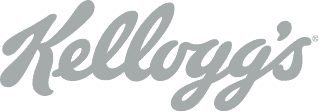 L'image représente le logo Kellogg's, écrit en lettres cursives grises sur fond blanc.