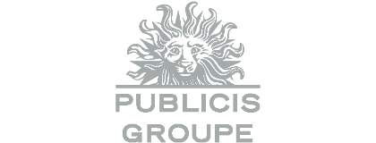L'image représente le logo de Publicis Groupe, composé d'un soleil stylisé doté d'un visage, surmontant l'inscription « PUBLICIS GROUPE » en lettres majuscules et en gras. Le logo est en niveaux de gris.
