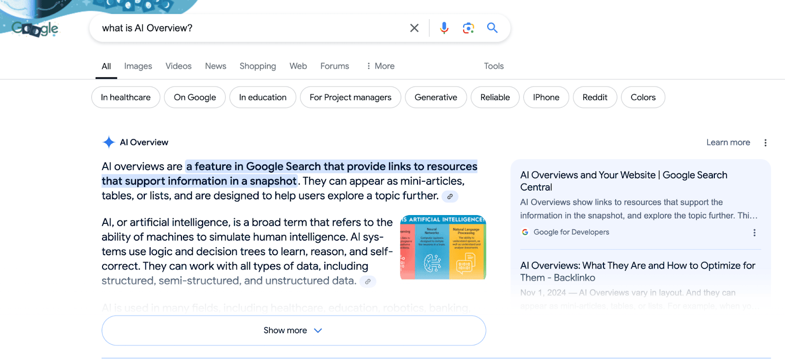 Capture d'écran d'une recherche Google sur « Qu'est-ce que l'IA ? », affichant un encadré d'informations expliquant les grandes lignes de l'IA selon Google, avec une section surlignée en bleu et deux images de livres consacrés à l'intelligence artificielle.