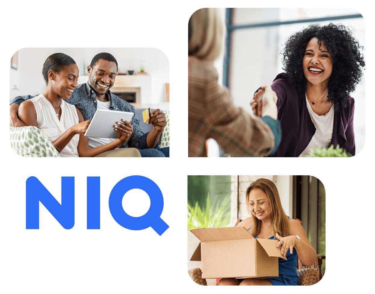 Four images: a smiling couple shopping online; a smiling woman shaking hands; a woman happily opening a box; and the blue NIQ logo on a white background.