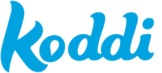 Das Wort „koddi“ ist in fetten, kleinen, blauen Kursivbuchstaben auf hellgrauem Hintergrund geschrieben.