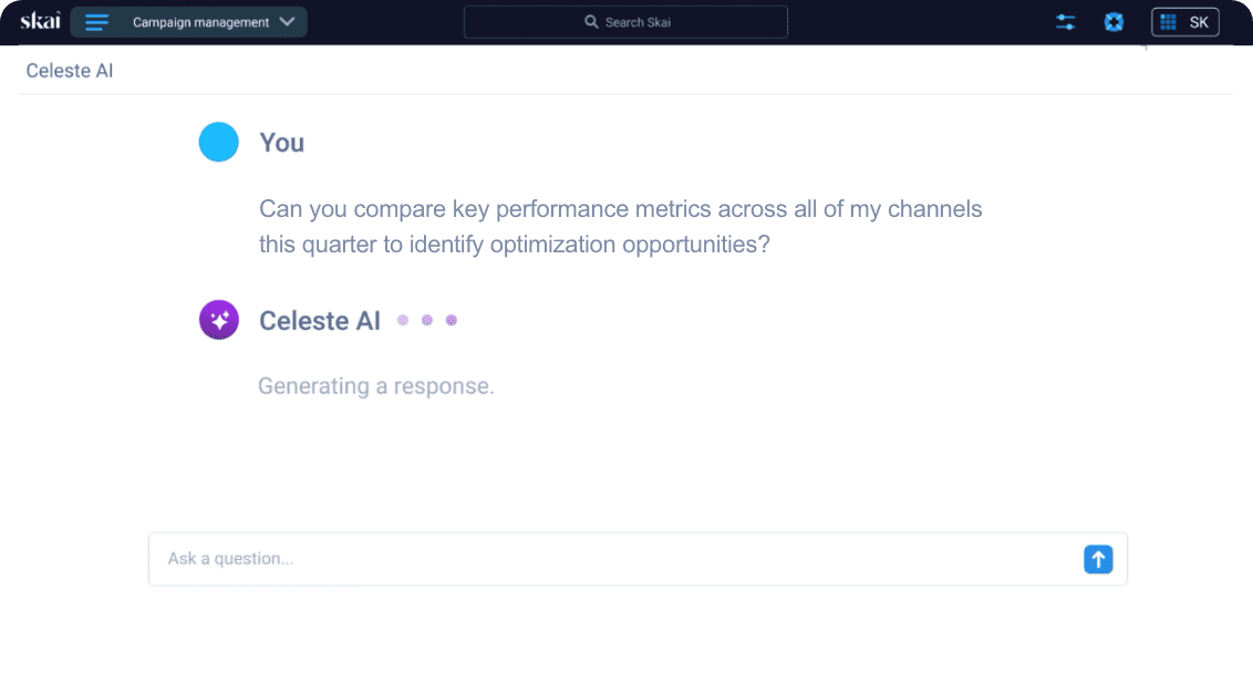 Ein Nutzer bittet Celeste AI, wichtige Leistungskennzahlen über alle Kanäle hinweg zu vergleichen, um Optimierungsmöglichkeiten zu finden. Die Benutzeroberfläche ähnelt der einer Omnichannel-Marketingplattform oder dem Dashboard eines E-Commerce-Werbeunternehmens.