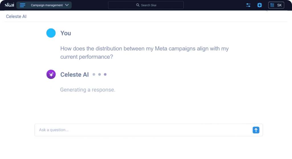 Dans une interface de chat, un utilisateur demande : « Comment la répartition entre mes campagnes Meta correspond-elle à mes performances actuelles ? » On voit alors Celeste AI, qui fait partie d'une grande agence de publicité spécialisée dans le commerce, générer une réponse. L'en-tête de l'écran indique « Gestion des campagnes ».