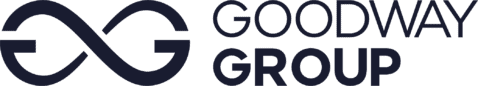 Das Logo der Goodway Group mit einem stilisierten, ineinander verschlungenen G-Symbol auf der linken Seite und dem Schriftzug „GOODWAY GROUP“ in fetten Großbuchstaben auf der rechten Seite.