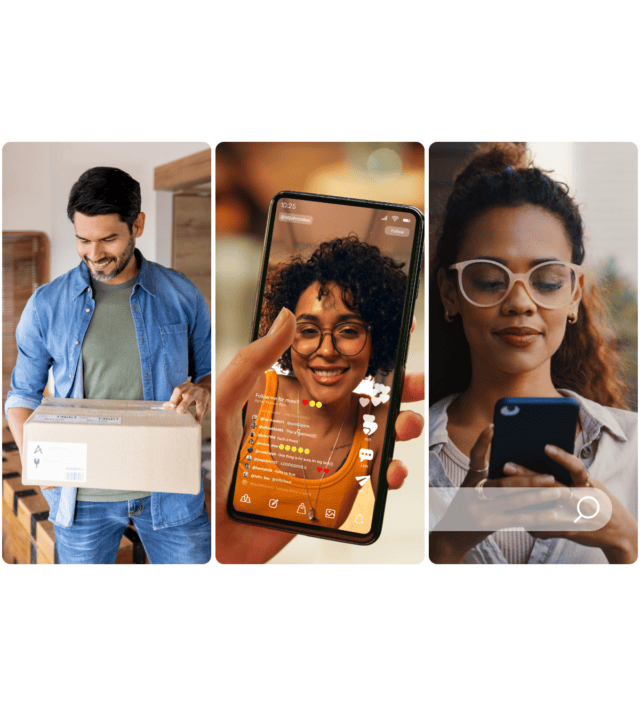 Ein Mann trägt ein Paket, in einer Hand hält er ein Handy, auf dem eine lächelnde Frau in einem Livestream zu sehen ist, und eine Frau mit Brille nutzt ihr Smartphone – was auf Online-Shopping oder digitale Kommunikation hindeutet.