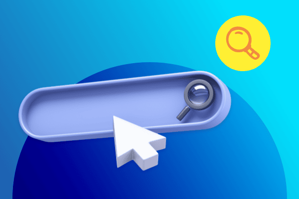 Eine 3D-Illustration einer Suchleiste mit einer Lupe und einem großen weißen Cursor auf einem blauen Hintergrund mit Farbverlauf, mit einem gelben Kreis und einem Lupensymbol – perfekt, um Fallstudien zur Suchoptimierung von Agenturen zu präsentieren.