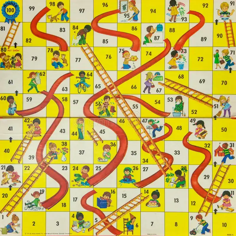 Colorful Snakes and Ladders board game with numbered squares 1 to 100, featuring red snakes, brown ladders, cartoon children performing good and bad actions—perfect for a Prime Day commerce media strategy promotion.