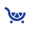Ein blaues Einkaufswagen-Symbol mit einer Zitronenscheibe im Inneren, vor einem weißen, runden Hintergrund.