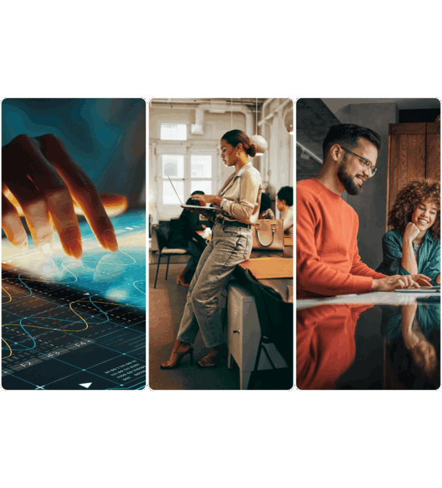 Visuelle Collage des Suchmaschinenmarketings: eine Hand, die digitale Leistungsdaten analysiert, ein Marketer, der bezahlte Suchkampagnen auf einem Laptop verwaltet, und ein Team, das die SEM-Strategie gemeinsam optimiert.