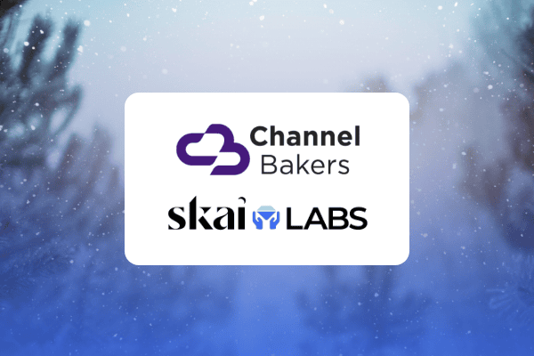 Eine rechteckige weiße Box mit den Logos von Channel Bakers und Skai Labs ist mittig auf einem verschwommenen winterlichen Hintergrund mit verschneiten Bäumen platziert und hebt eine Fallstudie zum Thema Retail Media hervor.