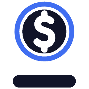 Un symbole du dollar en gras à l'intérieur d'un cercle foncé bordé d'un anneau bleu, au-dessus d'une barre rectangulaire arrondie sur fond gris clair.