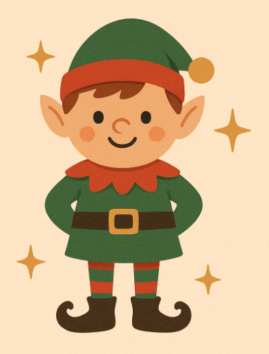 Illustration of a smiling Christmas elf wearing a green hat with a yellow pompom, green outfit with a red collar, striped tights, and curly-toed shoes, surrounded by yellow stars—perfect for 12 celeste prompts for holiday planning.