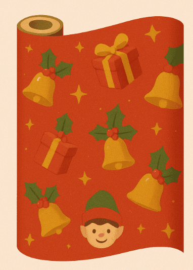 A roll of red wrapping paper decorated with yellow stars, gold bells with holly, red gift boxes with yellow ribbons, and a smiling elf face wearing a green hat—perfect for using alongside 12 celeste prompts for holiday planning.