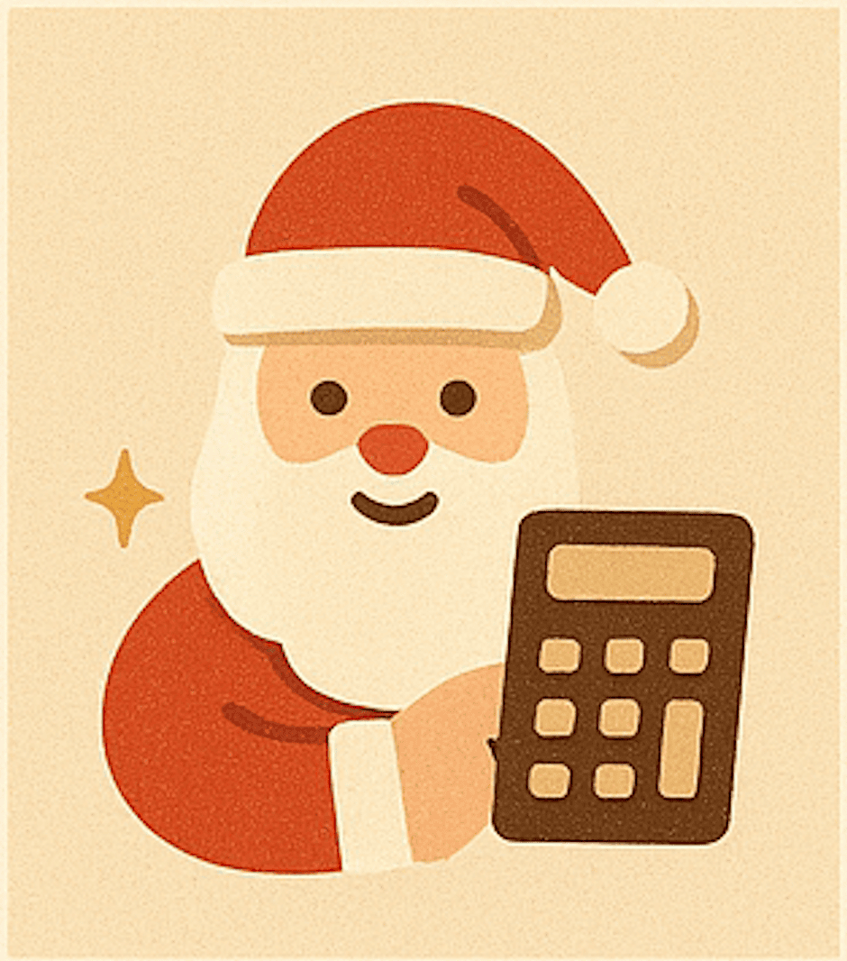 Santa Claus holding a calculator and smiling, with a small sparkle beside him. The warm, soft color palette suggests he's ready with 12 Celeste prompts for holiday planning, making the season organized and cheerful.