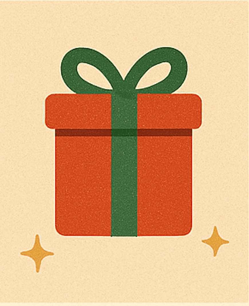 A simple illustration of a red gift box with a green ribbon and bow, set against a beige background with two yellow star-like sparkles beside it, perfect for inspiring 12 celeste prompts for holiday planning.