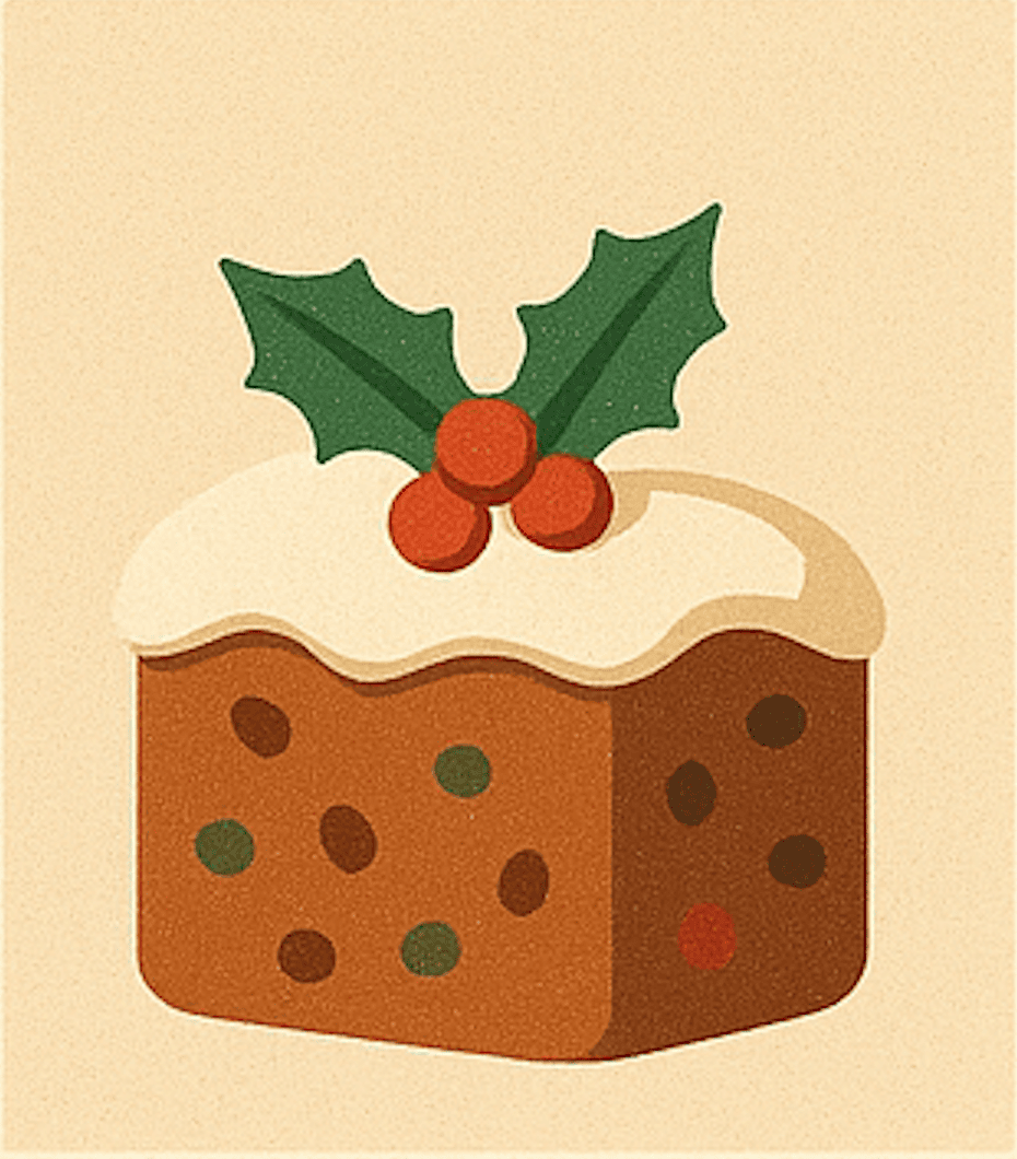 A festive illustration inspired by 12 celeste prompts for holiday planning: a fruitcake topped with white icing, decorated with two green holly leaves, three red berries, and visible pieces of fruit.