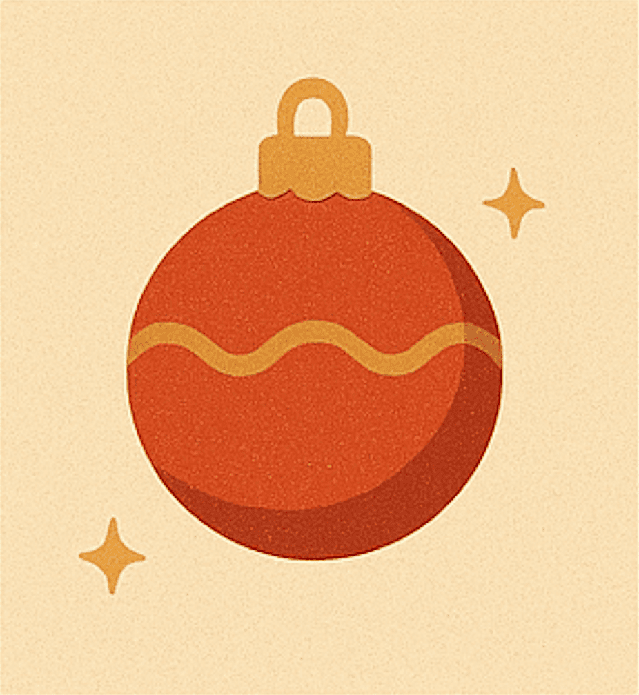 A red Christmas ornament with a wavy gold stripe hangs against a beige background, surrounded by two small gold star shapes—perfect inspiration for 12 celeste prompts for holiday planning.