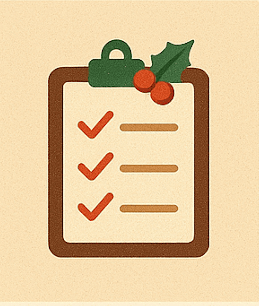 Illustration of a clipboard with three red check marks, decorated with green holly leaves and two red berries for a festive, holiday look—ideal for organizing your 12 Celeste prompts for holiday planning.