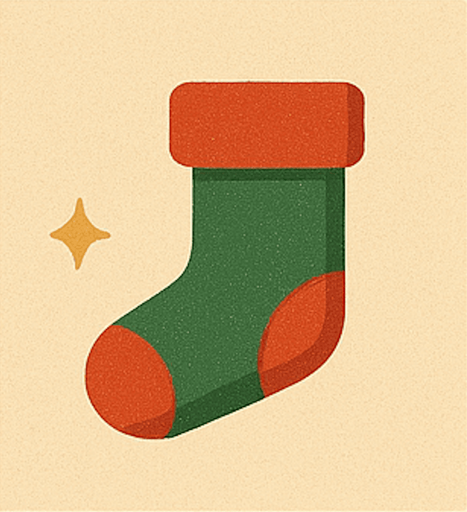 A green Christmas stocking with red accents at the top, heel, and toe sits beside a small yellow star on a beige background—perfect inspiration for your 12 Celeste prompts for holiday planning.