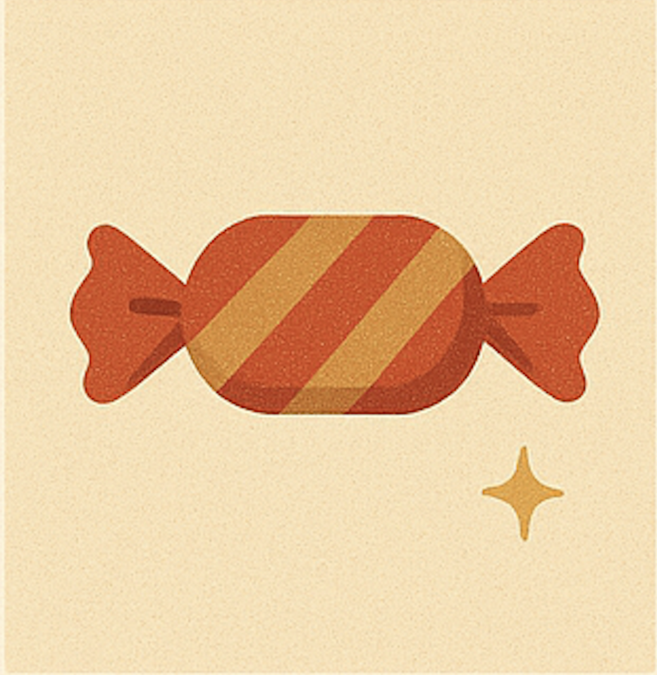 A red and orange striped candy wrapped in twisted ends, with a small yellow sparkle beside it, on a light beige background—perfect for inspiring 12 celeste prompts for holiday planning.