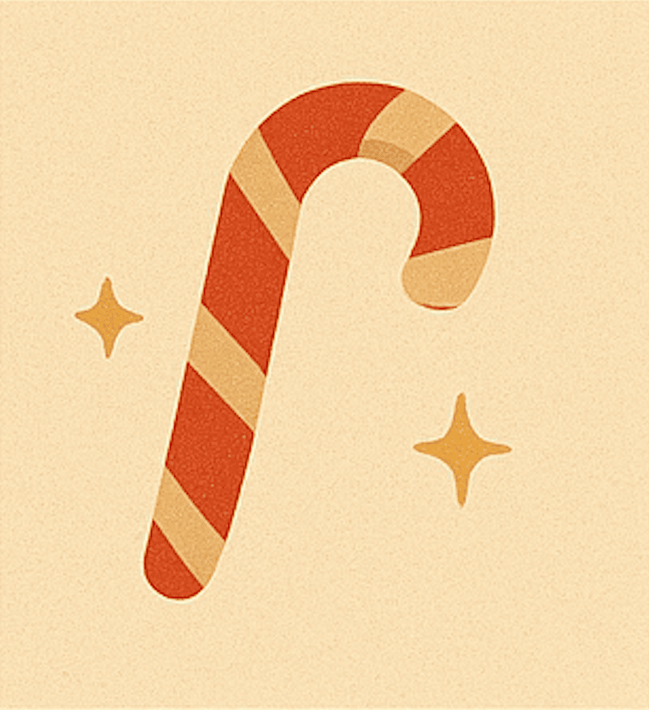 Illustration of a red and beige striped candy cane with two golden star-shaped sparkles on a beige background, perfect for 12 Celeste prompts for holiday planning.