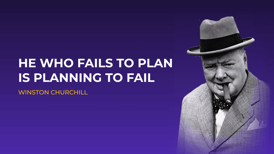À droite, on voit un homme en costume et chapeau, un cigare à la bouche. À gauche, on peut lire : « Celui qui ne planifie pas prévoit d'échouer » – Winston Churchill. L'arrière-plan présente un dégradé violet, ce qui en fait une image inspirante pour les professionnels du marketing qui souhaitent tirer parti de l'IA agentique dans leur planification stratégique.