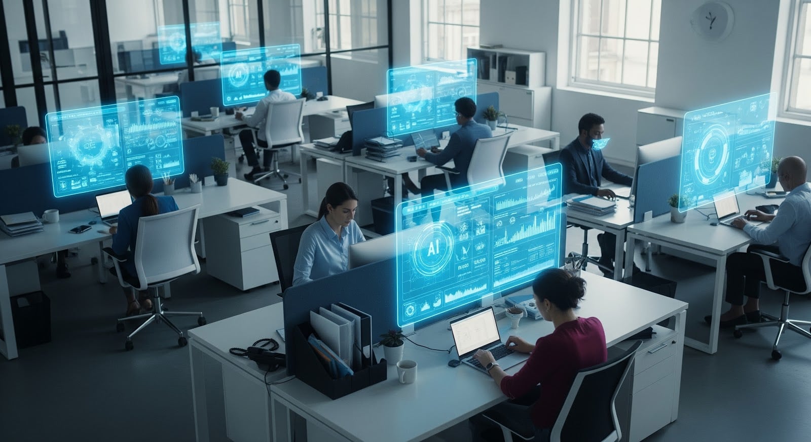 Bureau moderne où des employés travaillent à leur poste, équipés d'ordinateurs portables et d'écrans numériques transparents futuristes affichant des données, des graphiques et des interfaces d'IA. L'espace de travail est lumineux, bien organisé et axé sur la technologie ; il met en avant une IA agentique destinée aux professionnels du marketing, qui leur permet de rationaliser leurs processus de travail et d'améliorer la prise de décision grâce à l'automatisation intelligente.