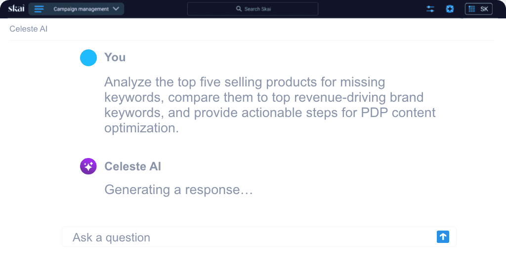 A user asks an AI to analyze the top five selling products for missing keywords, compare them to top revenue-driving keywords, and suggest content optimization steps. The AI is generating a response.