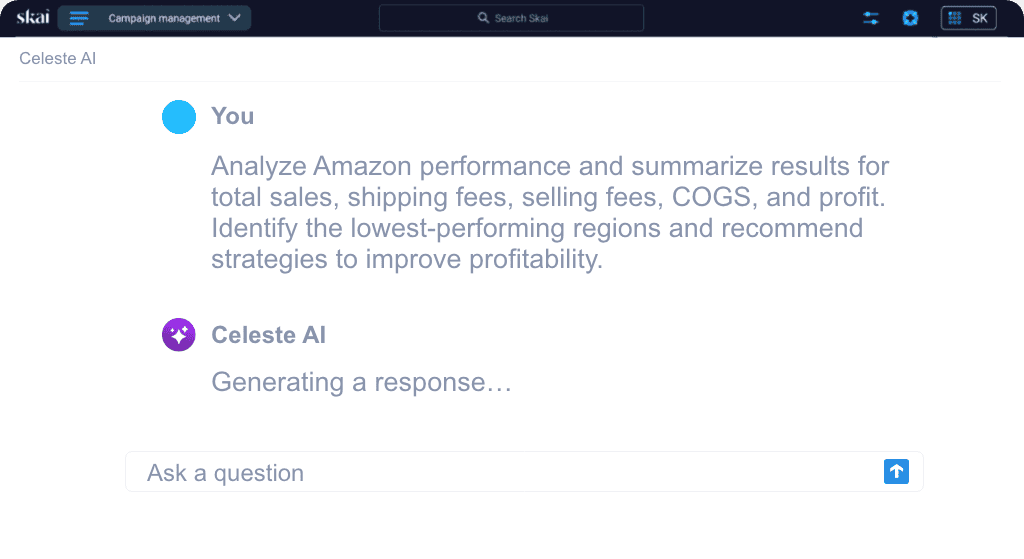 Eine digitale Benutzeroberfläche zeigt einen Nutzer, der Celeste AI bittet, die Amazon-Leistung zu analysieren, Umsatz, Gebühren, Wareneinsatz und Gewinn zusammenzufassen sowie Einblicke in den Einzelhandel mit umsetzbaren Verbesserungsvorschlägen zu liefern. Die KI erstellt eine detaillierte Antwort.