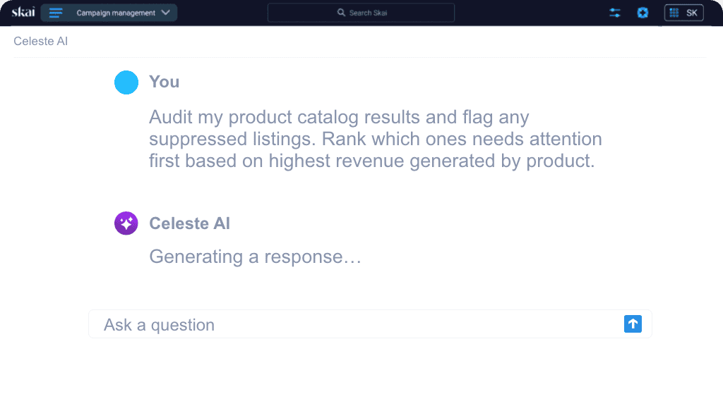 Une interface de chat affiche la demande d'un utilisateur : « Vérifiez les résultats de mon catalogue de produits et signalez toutes les fiches masquées. À l'aide d'un système automatisé de gestion des tickets, classez-les par ordre de priorité en fonction du chiffre d'affaires généré par chaque produit. » Ci-dessous, l'IA génère une réponse.