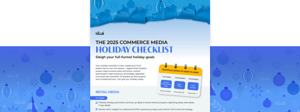 Eine Werbegrafik mit dem Titel „The 2025 Commerce Media Holiday Checklist“ zeigt festliche blaue Ornamente. Sie enthält Tipps für Weihnachtskampagnen, einen Kalender mit dem Titel „Redaktionskalender: Wichtige Termine für die Planung“ und dient als zentrale Anlaufstelle für dein saisonales Marketing.