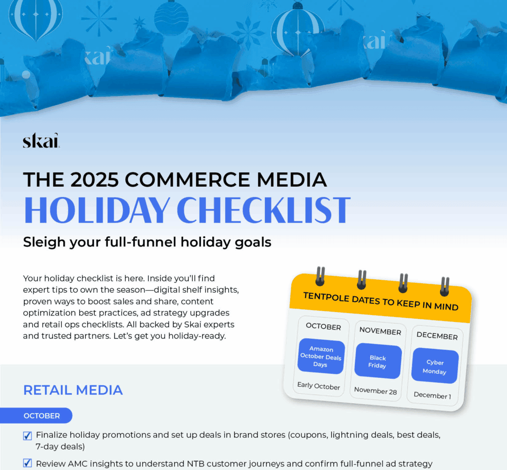 Eine Infografik von Skai zum Thema Feiertage Skai „The 2025 Commerce Media Holiday Checklist“ in festlichem Blau. Sie enthält die Termine der wichtigsten Feiertage sowie Checklistenpunkte für die Planung deiner Retail-Media-Kampagnen im Oktober.