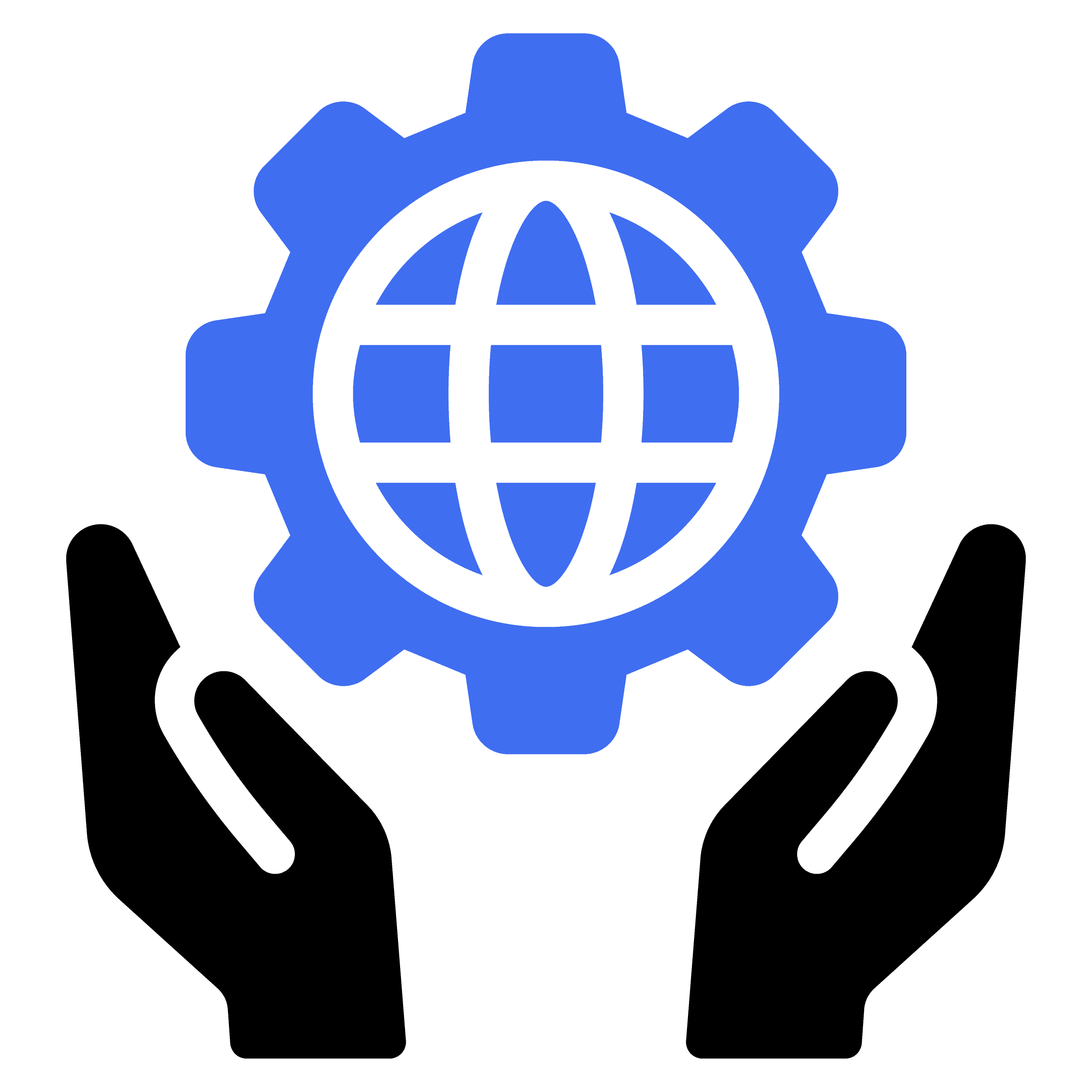 On y voit deux mains noires tendues vers le haut sous un engrenage bleu au centre duquel figure un globe blanc, symbolisant le soutien mondial, la technologie ou le travail d'équipe à l'échelle internationale.