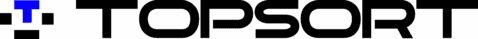 Das Wort TOPSORT ist in fetten, schwarzen Buchstaben geschrieben. Links davon bildet ein geometrisches Logo aus schwarzen Formen und einem blauen Quadrat oben den Buchstaben T. Der Hintergrund ist hellgrau.