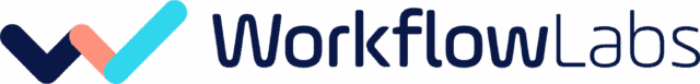 Logo de WorkflowLabs représentant un « W » stylisé dans des tons bleu foncé, corail et bleu sarcelle à gauche, symbolisant l'automatisation de la gestion des tickets, suivi du nom « WorkflowLabs » en caractères gras et modernes de couleur bleu foncé.