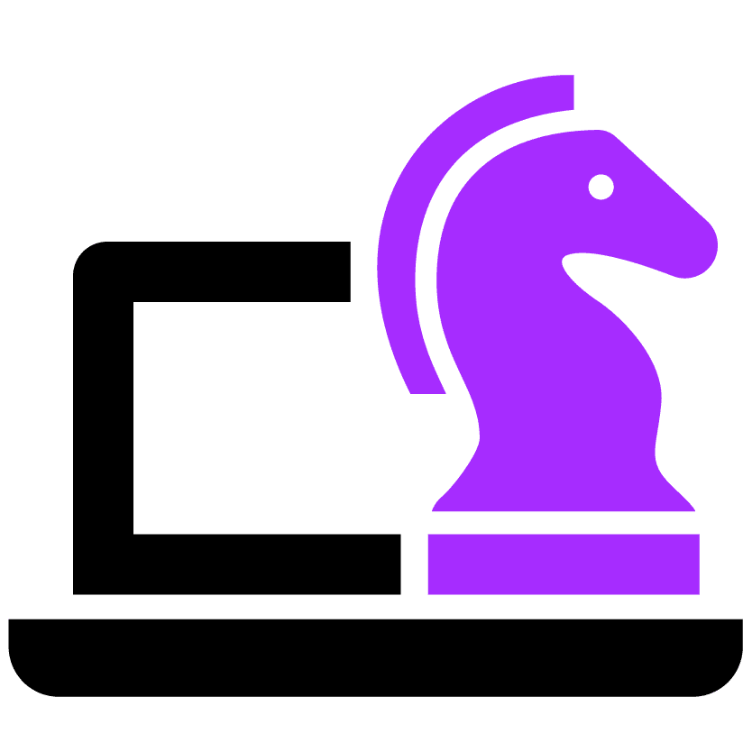 Une icône stylisée représentant un ordinateur portable noir avec un grand cavalier d'échecs violet placé à côté de l'écran ou en partie à l'intérieur de celui-ci, symbolisant la stratégie ou les échecs en ligne.