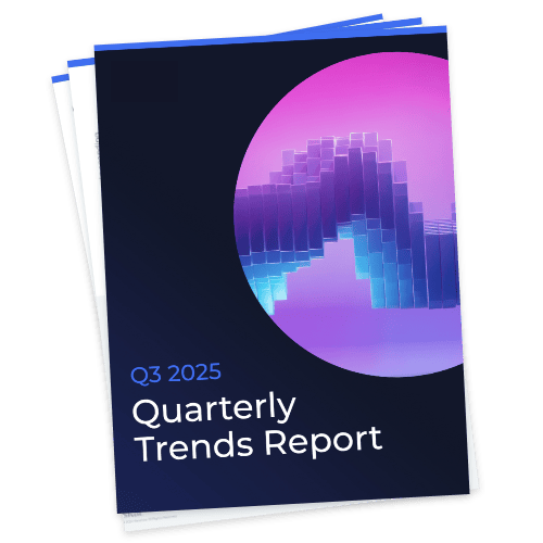 Une couverture de rapport intitulée « Rapport sur les tendances trimestrielles du troisième trimestre 2025 », représentant des formes géométriques abstraites bleues et violettes dans un cadre circulaire sur fond sombre.