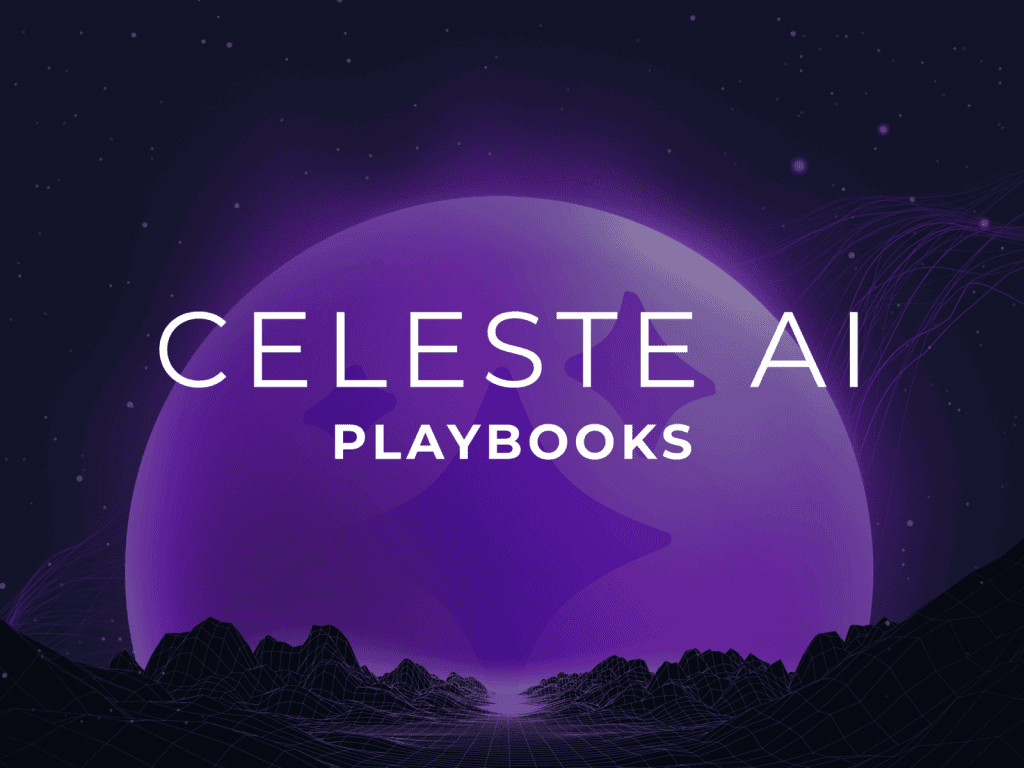 Une sphère violette lumineuse, ornée de motifs en forme d'étoiles et portant l'inscription « CELESTE AI PLAYBOOKS », se détache sur un ciel étoilé et des montagnes en silhouette, dans un paysage numérique et futuriste.