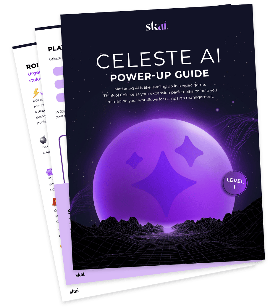 Deux pages qui se chevauchent, dont la page du haut porte le titre « Celeste AI Power-Up Guide » en gros caractères, avec en haut une planète violette lumineuse entourée d'étoiles, de montagnes sombres et du Skai .
