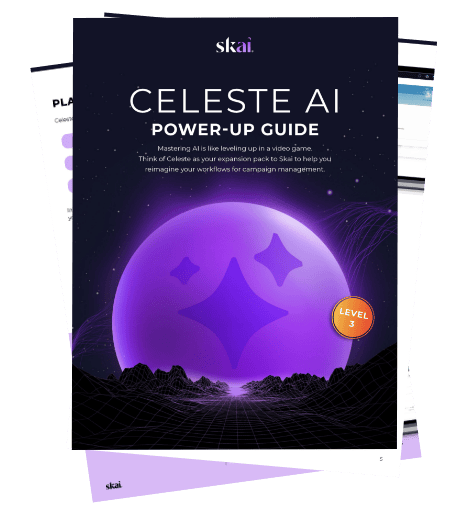 Une page de couverture intitulée « Celeste AI Power-Up Guide » par Skai, représentant un grand globe violet orné de motifs en forme d'étoiles et d'un badge de niveau 3, sur un fond sombre avec un paysage numérique.