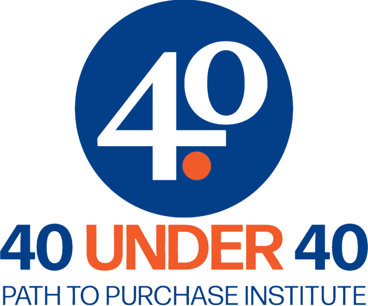 Das „40 Under 40“-Logo in Blau und Orange, mit einer großen „40.“ in einem blauen Kreis über dem Text „40 Under 40“ und „Path to Purchase Institute“ darunter.