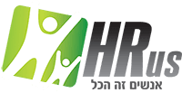 Logo mit zwei stilisierten Figuren in Grün und Weiß – eine große und eine kleine – neben dem Text „HRus“ in fetter Schrift. Unter dem Logo steht ein hebräischer Text.