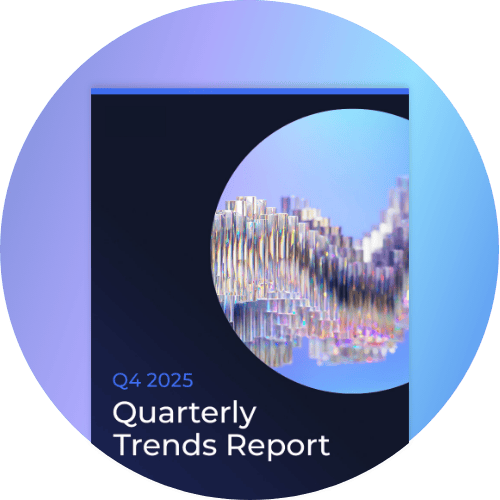 Une image circulaire représentant la couverture d'un rapport, avec un paysage abstrait pixélisé et le texte « Rapport trimestriel sur les tendances du quatrième trimestre 2025 » sur un fond sombre, entouré d'une bordure bleue dégradée.