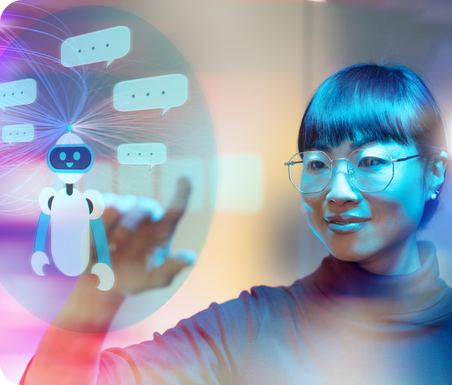 Eine Frau mit Brille interagiert mit einer virtuellen Chatbot-Oberfläche für Retail Media 2026 und berührt dabei einen transparenten Bildschirm, auf dem ein lächelnder Roboter und Sprechblasen zu sehen sind, begleitet von bunten, futuristischen Lichteffekten.