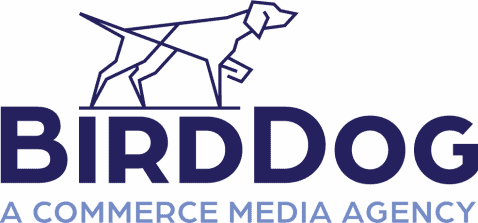 Ein Logo mit einer geometrischen Strichzeichnung eines Hundes über dem fettgedruckten Schriftzug „BIRDDOG“. Darunter steht in kleinerer Schrift „A COMMERCE MEDIA AGENCY & CROSS CHANNEL MARKETING PLATFORM“. Das Design ist in Blau auf weißem Hintergrund gehalten.