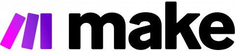 Das Bild zeigt das Make-Logo, bestehend aus drei violetten, schräg verlaufenden Balken, gefolgt vom Wort „make“ in fetten schwarzen Kleinbuchstaben auf hellem Hintergrund.