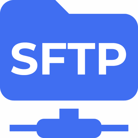 Ein blaues Ordnersymbol mit den weißen Buchstaben „SFTP“ darauf, die für das Secure File Transfer Protocol stehen, darunter eine einfache Grafik, die eine Netzwerkverbindung darstellt.