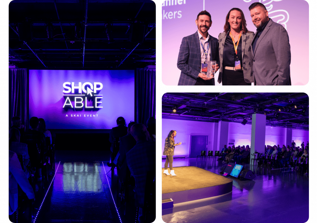 Un collage de trois images prises lors d'un événement professionnel : une salle baignée d'une lumière violette avec le mot « SHOPABLE » affiché à l'écran, des lauréats tenant un trophée des Shopable Media Awards, et une femme discutant de l'intérêt d'une plateforme d'intelligence économique dans un lieu contemporain.