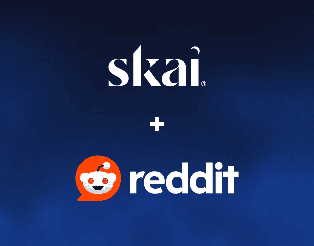 Logos of Skai and Reddit on a dark blue background, with a plus sign between them, highlighting that Skai partners with Reddit Ads to drive performance in the era of AI-powered discovery.